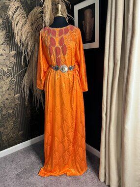Africa orange gold beaded embellishments satin print caftan